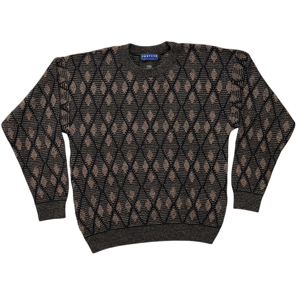 Jantzen Classics Vintage Mens XL Crewneck Geometric Sweater Blue Tan Grandpa